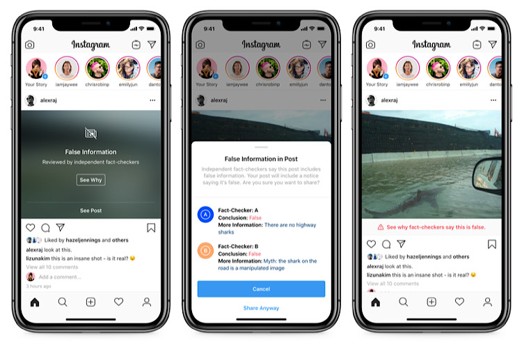 Facebook’s sample screenshots of the Instagram fact-checking program show images being blurred out and hidden behind a “False Information” warning (Facebook Newsroom)