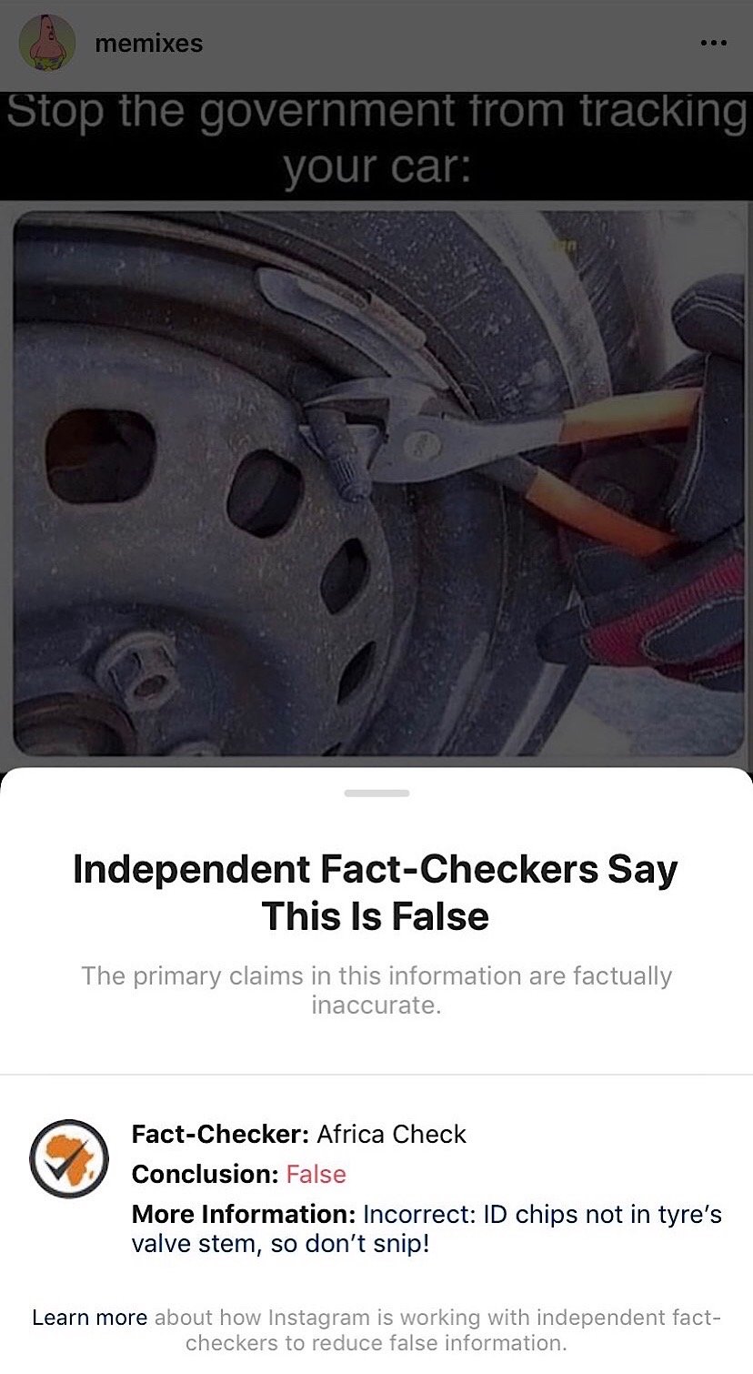 A car tire meme that’s been fact-checked, labeled false, and hidden by Instagram (Instagram - <a href="https://www.instagram.com/memixes/">@memixes</a>)