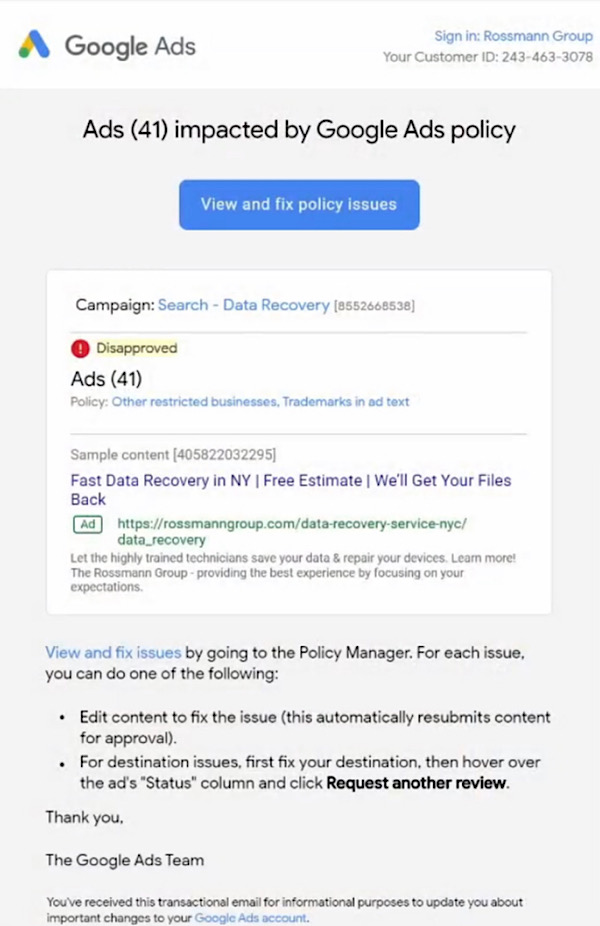 Google told Louis Rossman that his ads were being rejected for “Other restricted businesses, Trademarks in ad text”