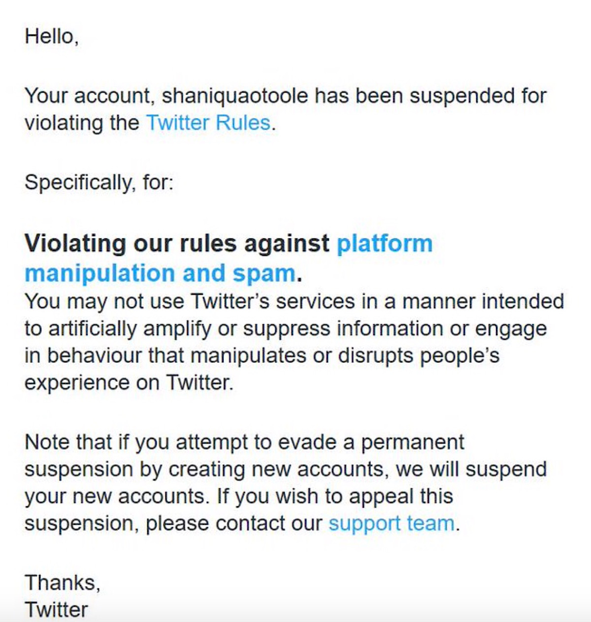 Twitter’s message telling Shanique O’Toole that the account has been suspended.