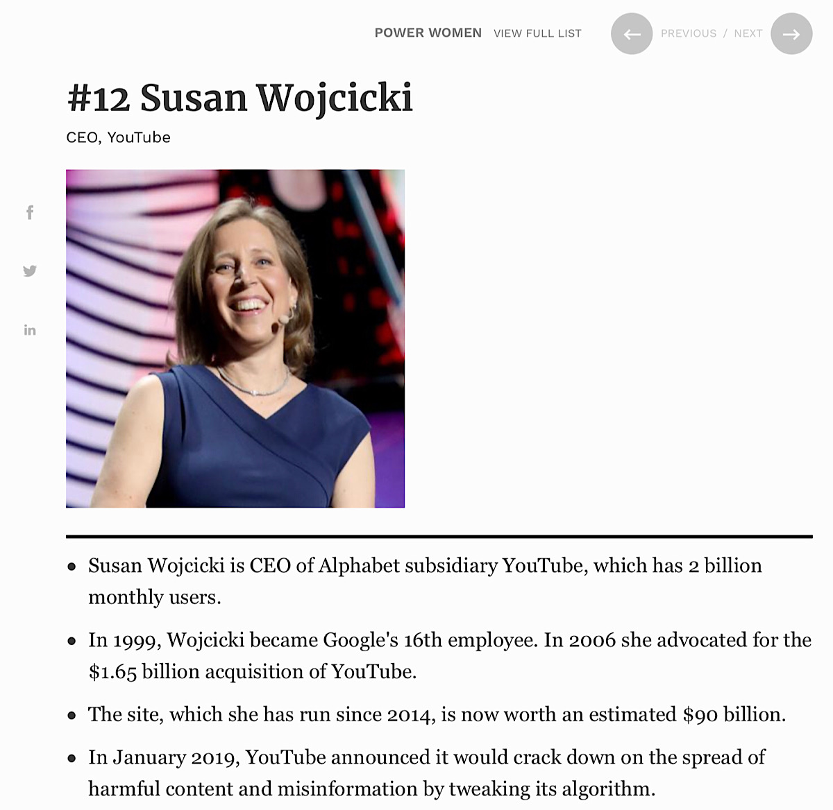 YouTube CEO Susan Wojcicki’s at number 12 on the Forbes World’s Most Powerful Women of 2019 list