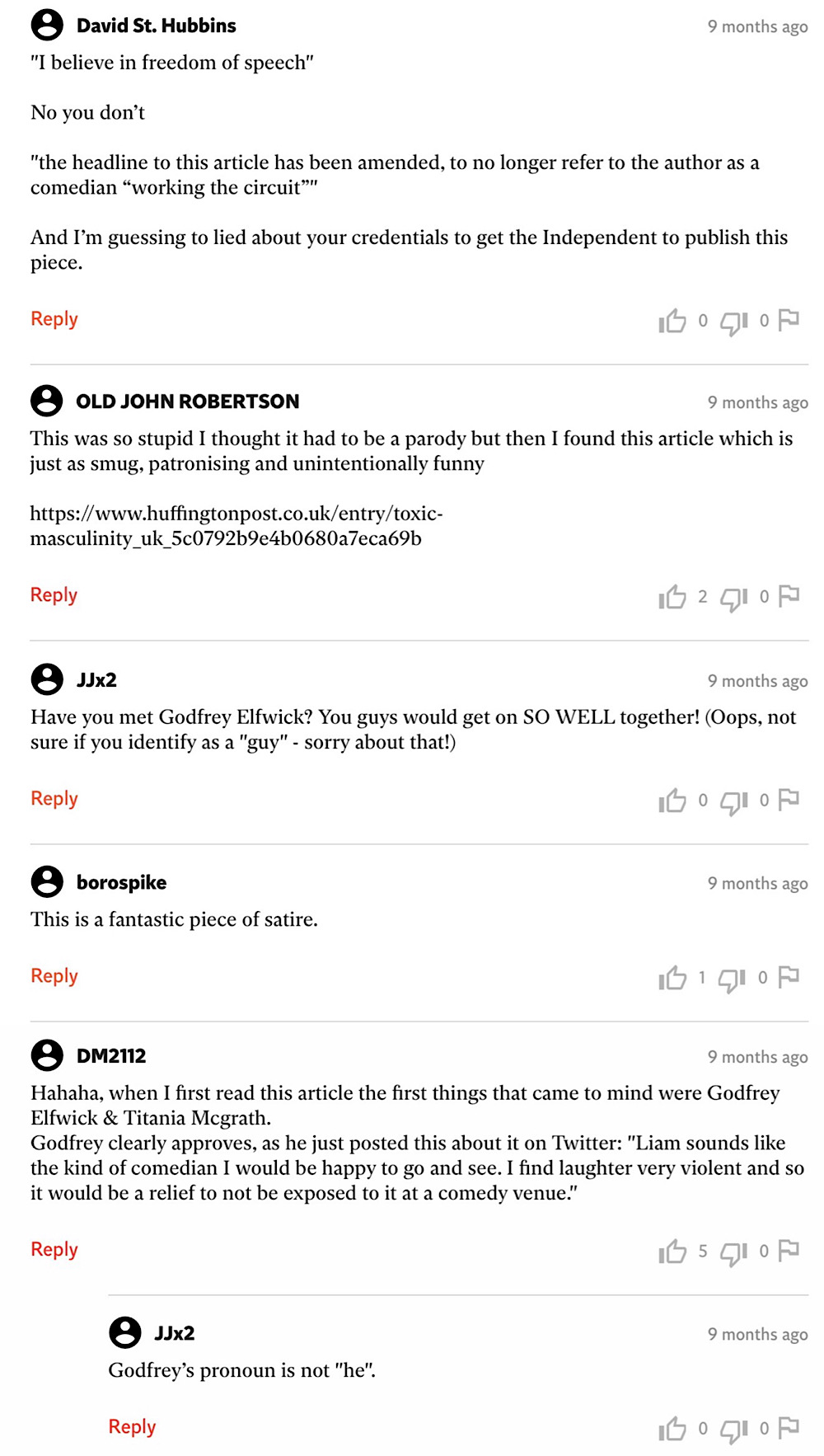 Some of the comments on The Independent article suggesting that it’s fabricated or satire. (The Independent)