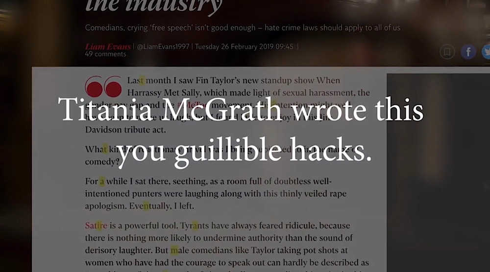 The message “Titania McGrath wrote this you gullible hacks.” (YouTube - Andrew Doyle)