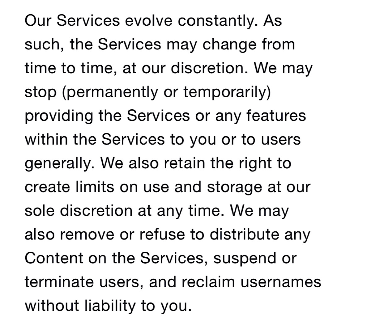 Twitter’s current terms of service with no reference to content throttling or shadow banning (Source: Twitter)