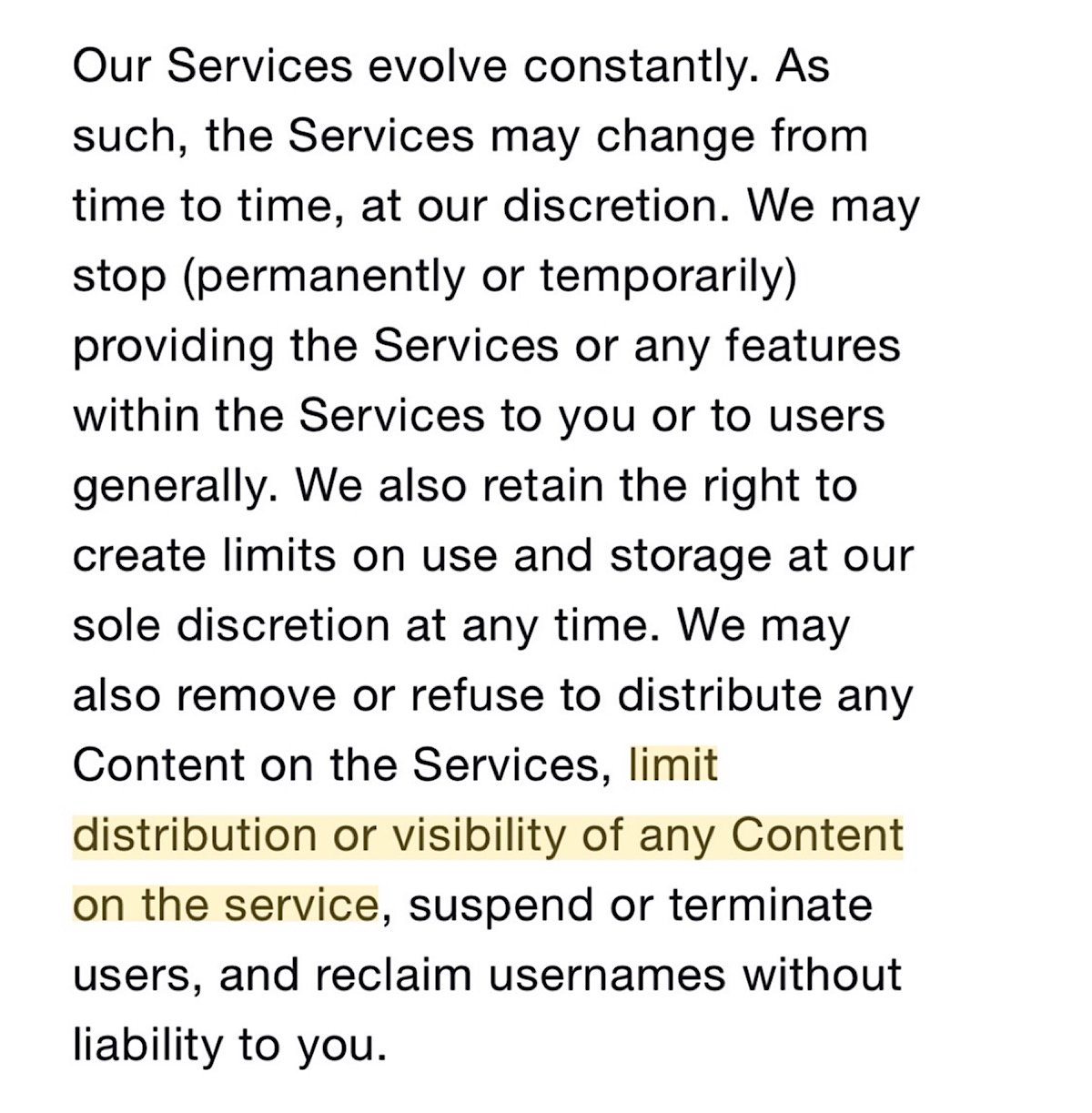 Twitter’s updated terms of service which say it may “limit distribution or visibility of any Content on the service.” (Source: Twitter)