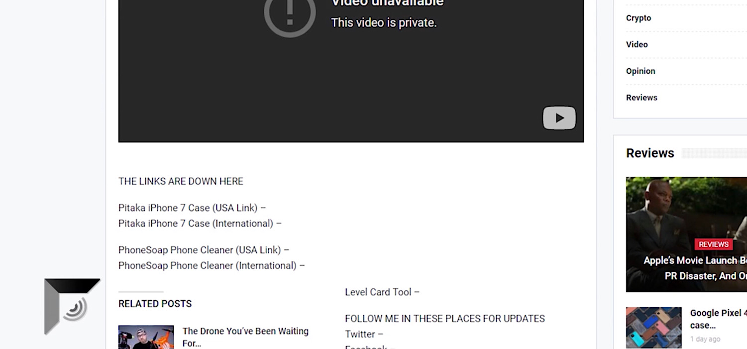 One of the Unbox Therapy videos that had been made private and featured a PITAKA case (Source: YouTube - Front Page Tech)