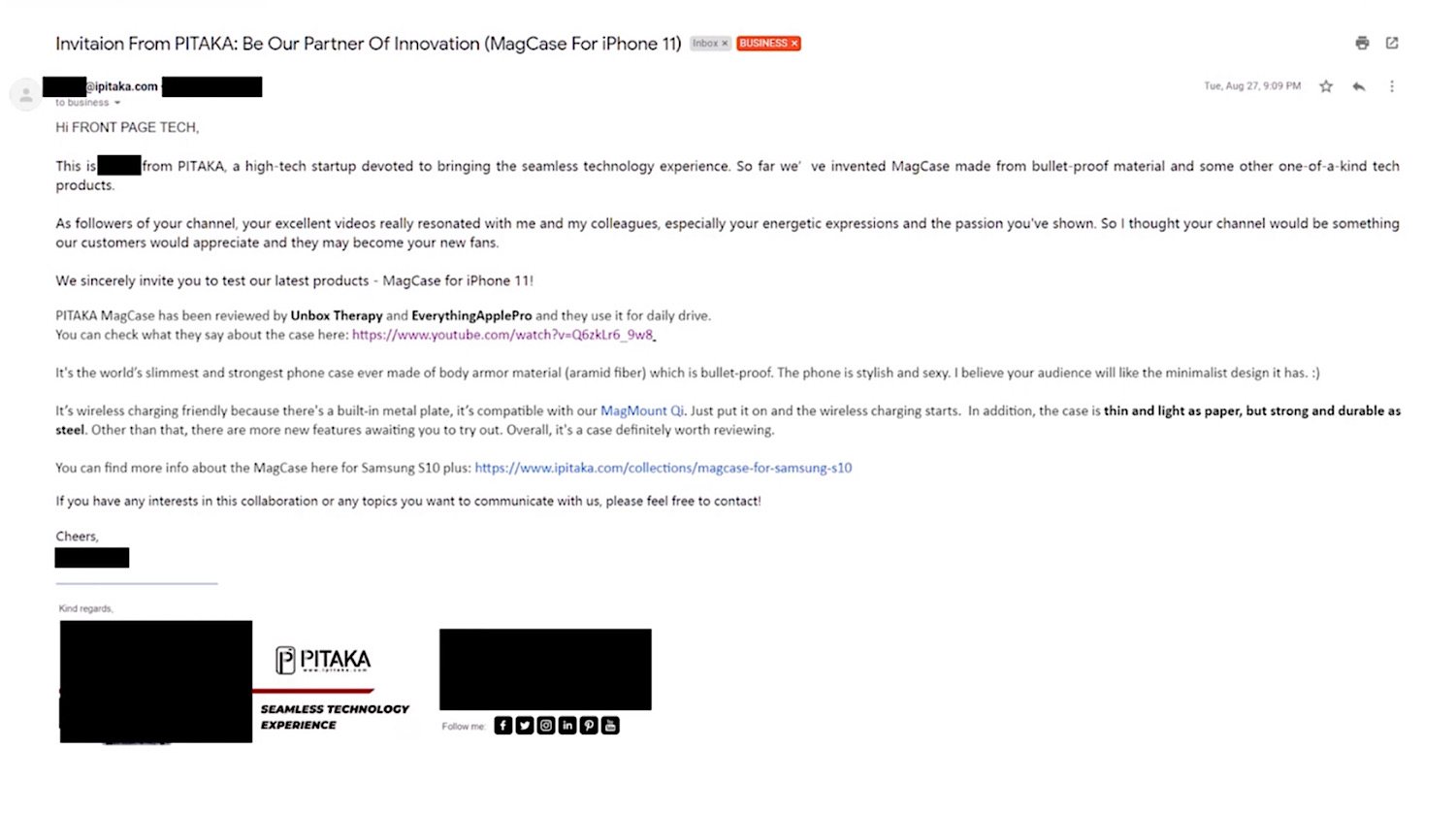 PITAKA’s email to Front Page Tech which links to an Unbox Therapy review (Source: YouTube - Front Page Tech)