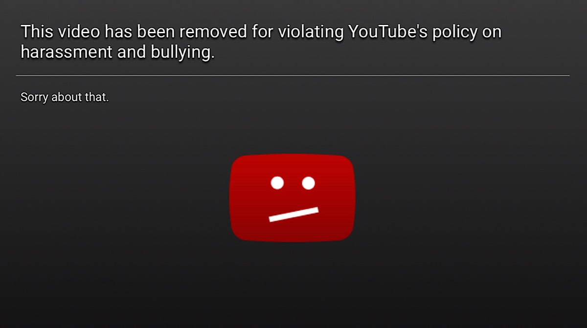 A message saying “This video has been removed for violating YouTube’s Terms of Service” on the Leafy Content Cop from iDubbbz (YouTube - iDubbbzTV)