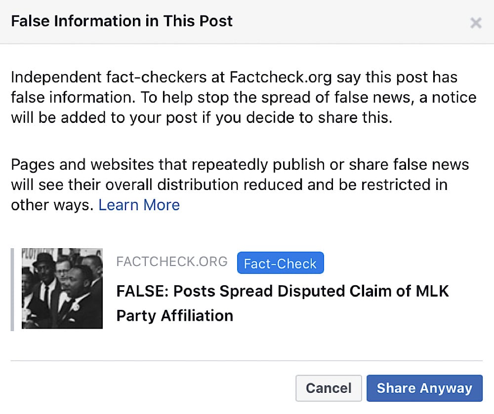 Facebook users that attempt to share this Martin Luther King Jr. MAGA hat meme are shown this warning message (Facebook - Mark Dice)