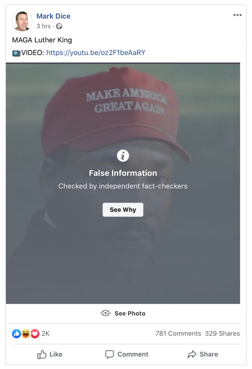 This Martin Luther King Jr. MAGA hat meme is being hidden behind a “False Information” warning (Facebook - <a href="https://www.facebook.com/MarkDice/photos/a.173346906044037/2926659780712722/">Mark Dice</a>)