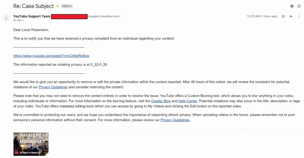 Rossmann received a privacy complaint on his “Is Right to Repair going to make boats go on fire?” video (YouTube – Louis Rossmann)