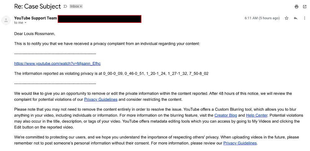 Rossmann received a privacy complaint on his “What Pisses me off about lobbyists in the United States.” video (YouTube - Louis Rossmann)