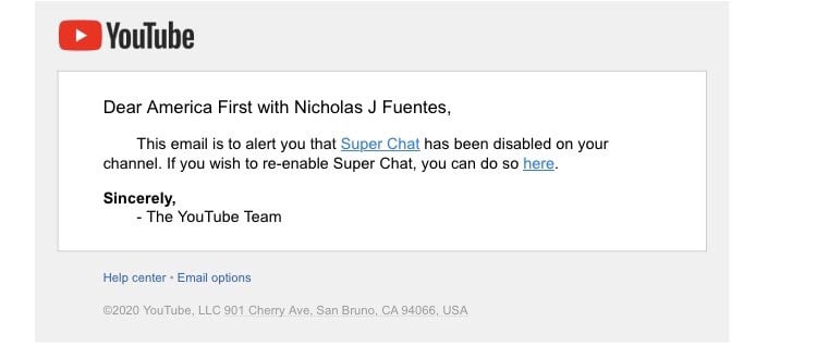 YouTube has disabled Super Chats on Fuentes’ channel