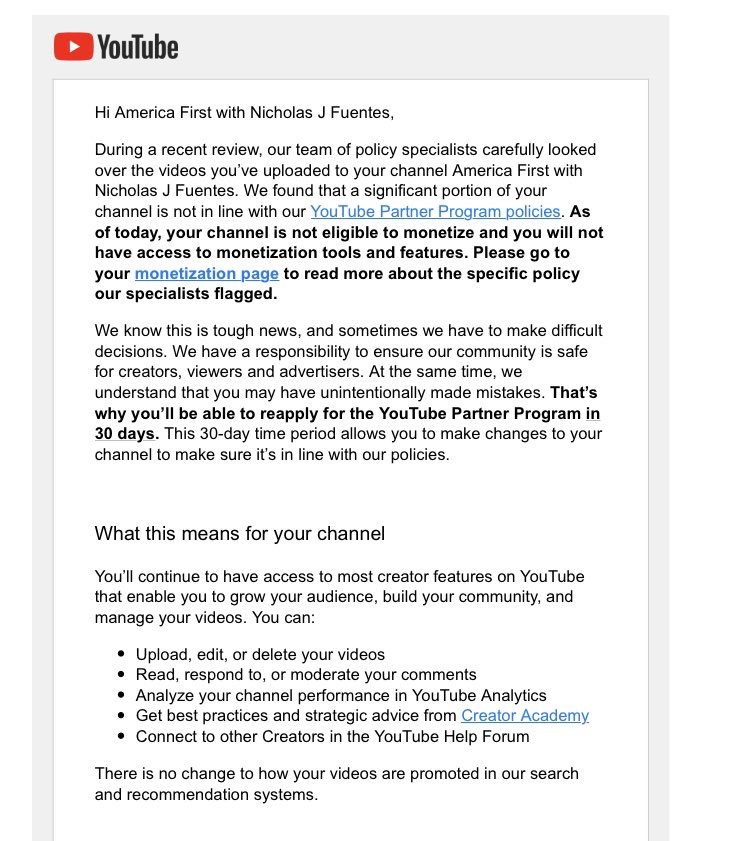 YouTube has removed Fuentes from the YouTube Partner Program for hate speech which means he can no longer monetize his videos