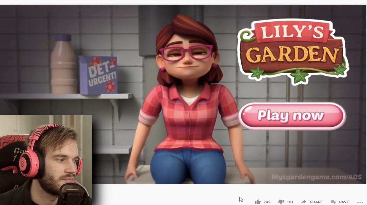 PewDiePie reacts to a Lily’s Garden ad which sexualizes the game (YouTube - PewDiePie)