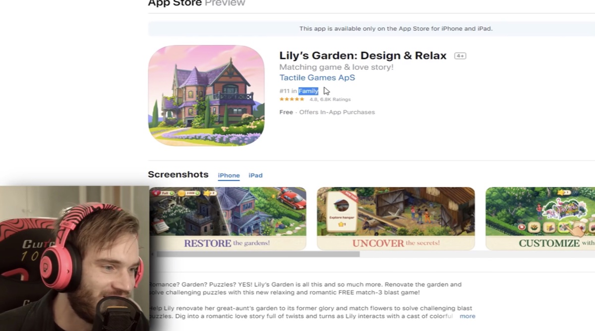 PewDiePie was surprised that Lily’s Garden is considered a family game (YouTube - PewDiePie)