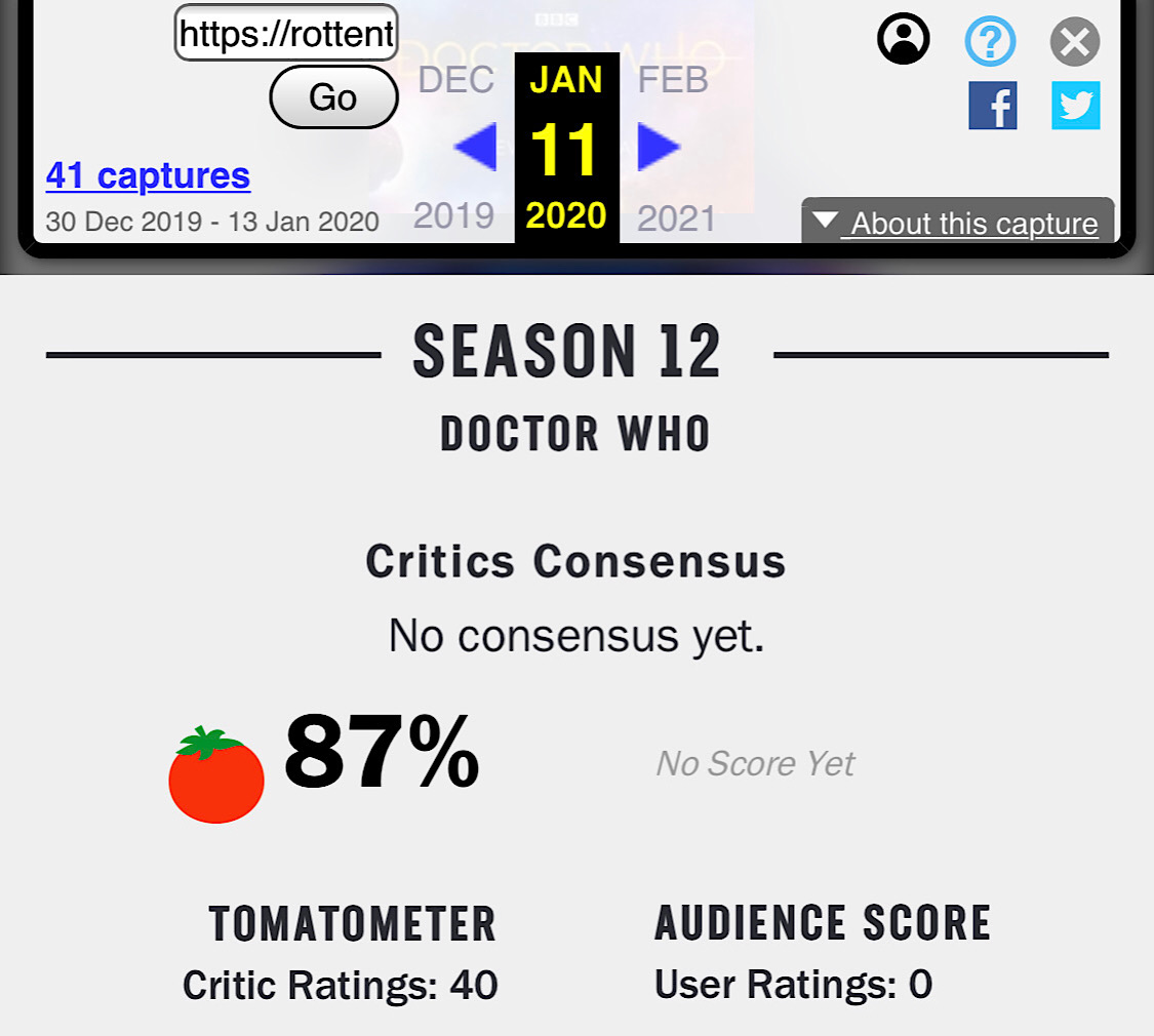 By January 11, all the initial user reviews for Doctor Who: Season 12 had been deleted (Wayback Machine - Rotten Tomatoes - Doctor Who: Season 12)