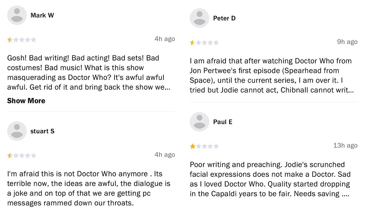 Current user reviews show similar criticisms of the Doctor Who: Season 12's themes, quality, story, and acting (Rotten Tomatoes - Doctor Who: Season 12)