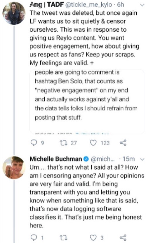 One Reylo accused Buchman of encouraging them to self-censor (Twitter - @saltandrockets)