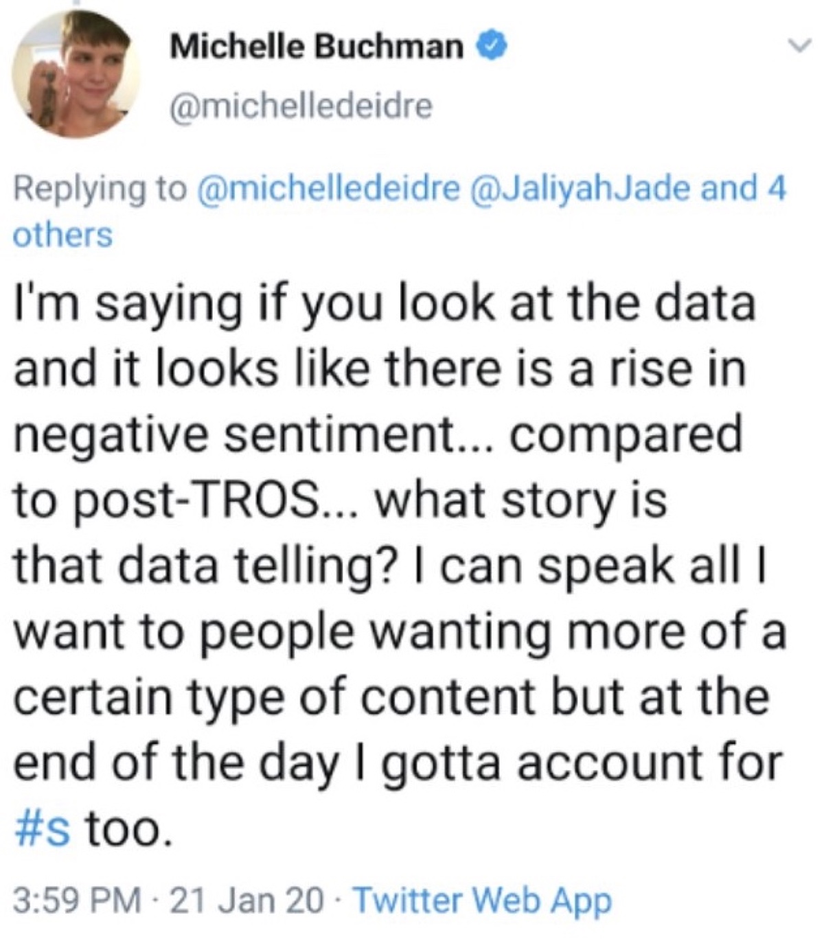 Buchman reiterated that the data shows a rise in engative sentiment when posting this type of content (Twitter - @saltandrockets)