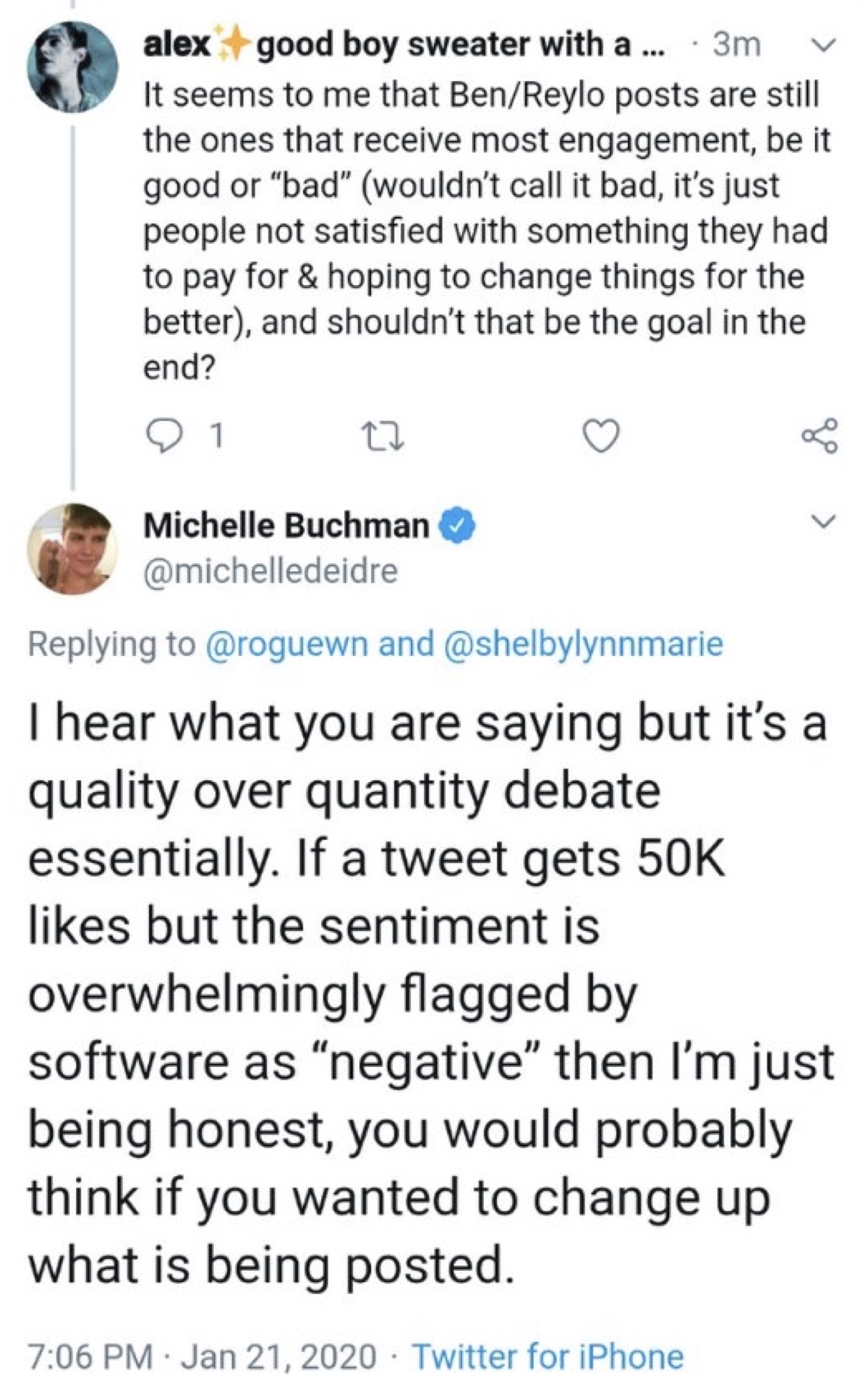 Buchman said Reylo posts generate engagement that’s overwhelmingly flagged by software as “negative” (Twitter - @saltandrockets)