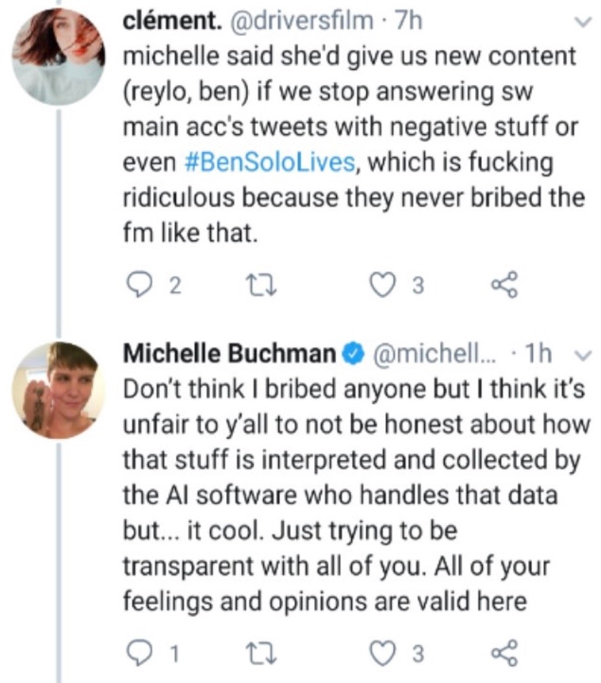 Buchman pushed back against the Reylos and said she’s “just trying to be transparent” about how the AI interprets engagement (Twitter - @saltandrockets)