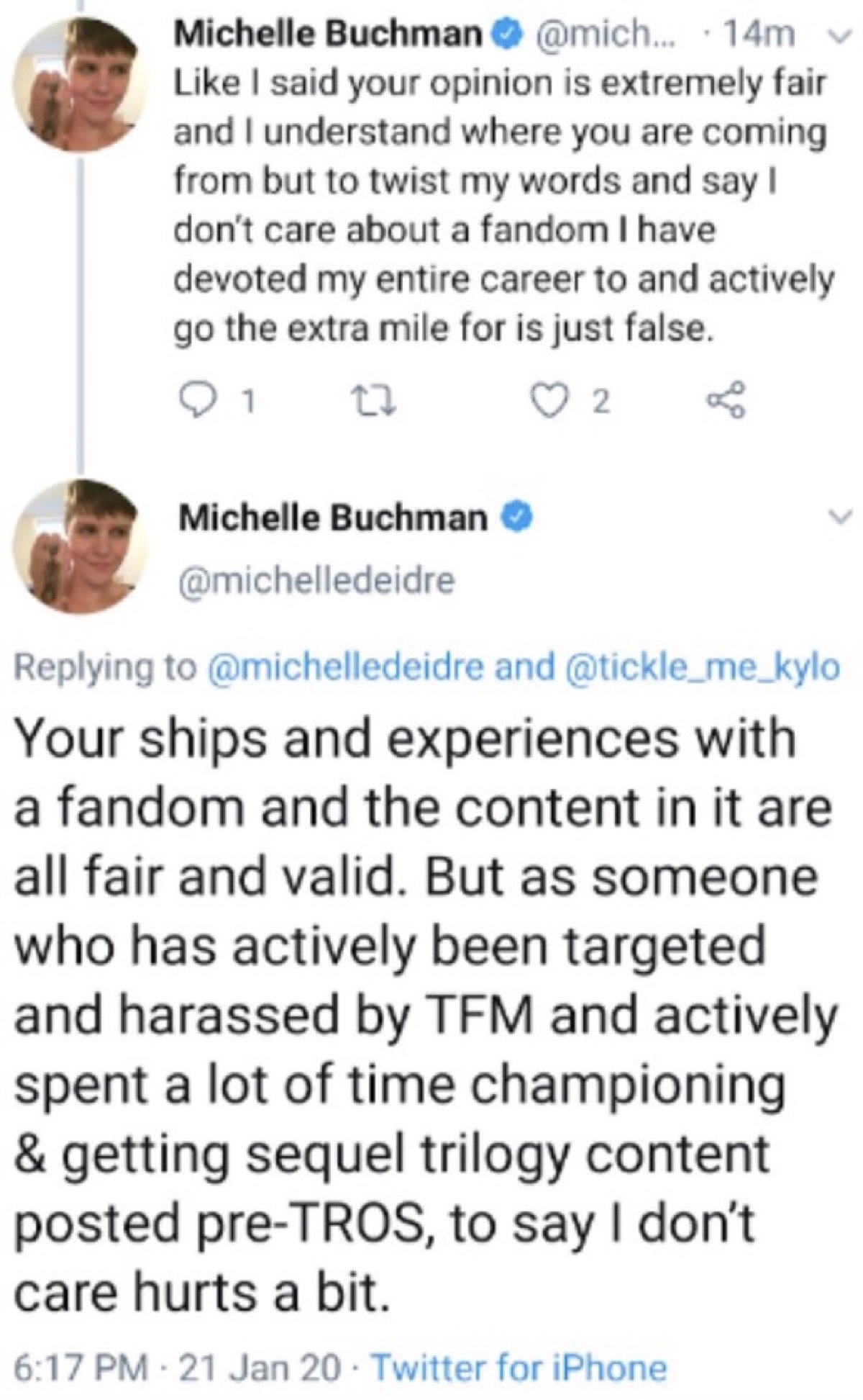 Buchman said the Reylos accusations that she doesn’t care were hurtful (Twitter - @saltandrockets)