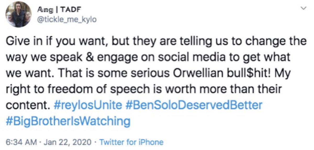 One Reylo accused Buchman of using “Orwellian” tactics to infringe on their free speech (Twitter - @saltandrockets)