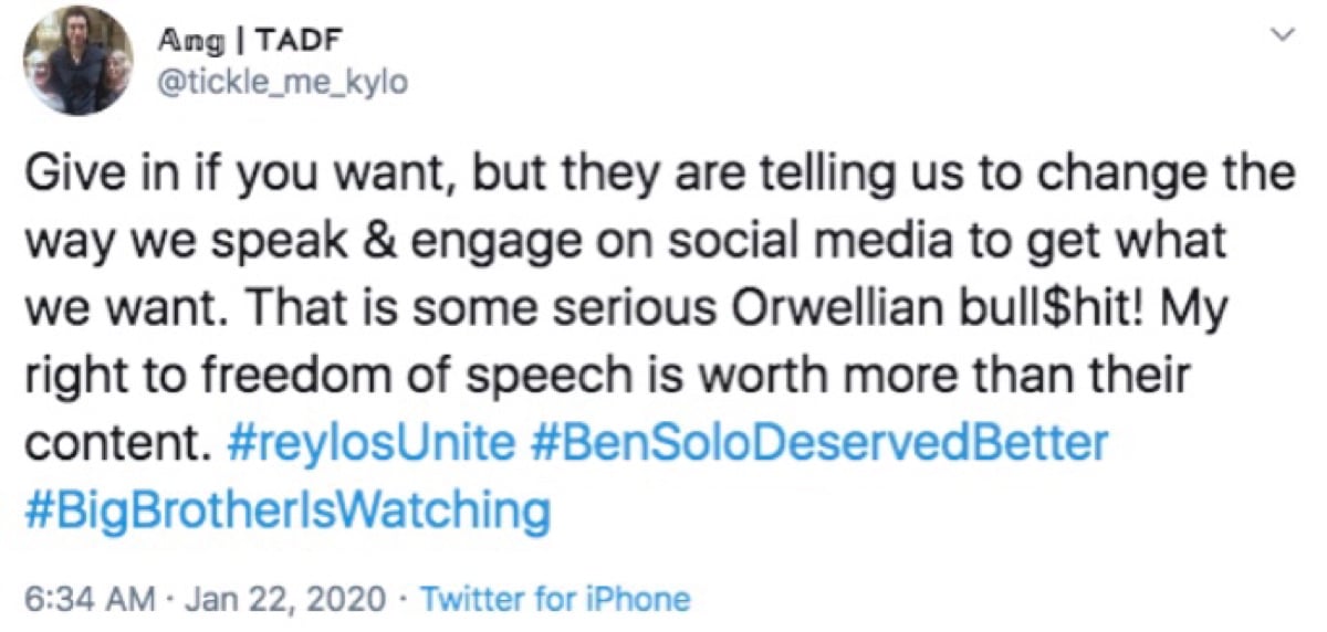 One Reylo accused Buchman of using “Orwellian” tactics to infringe on their free speech (Twitter - @saltandrockets)