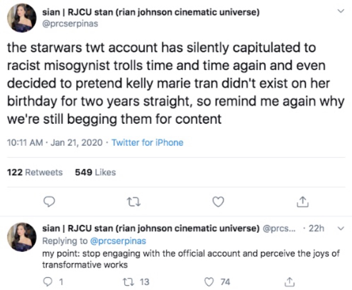 One Reylo accused Buchman of capitulating to “racist misogynist trolls” (Twitter - @saltandrockets)