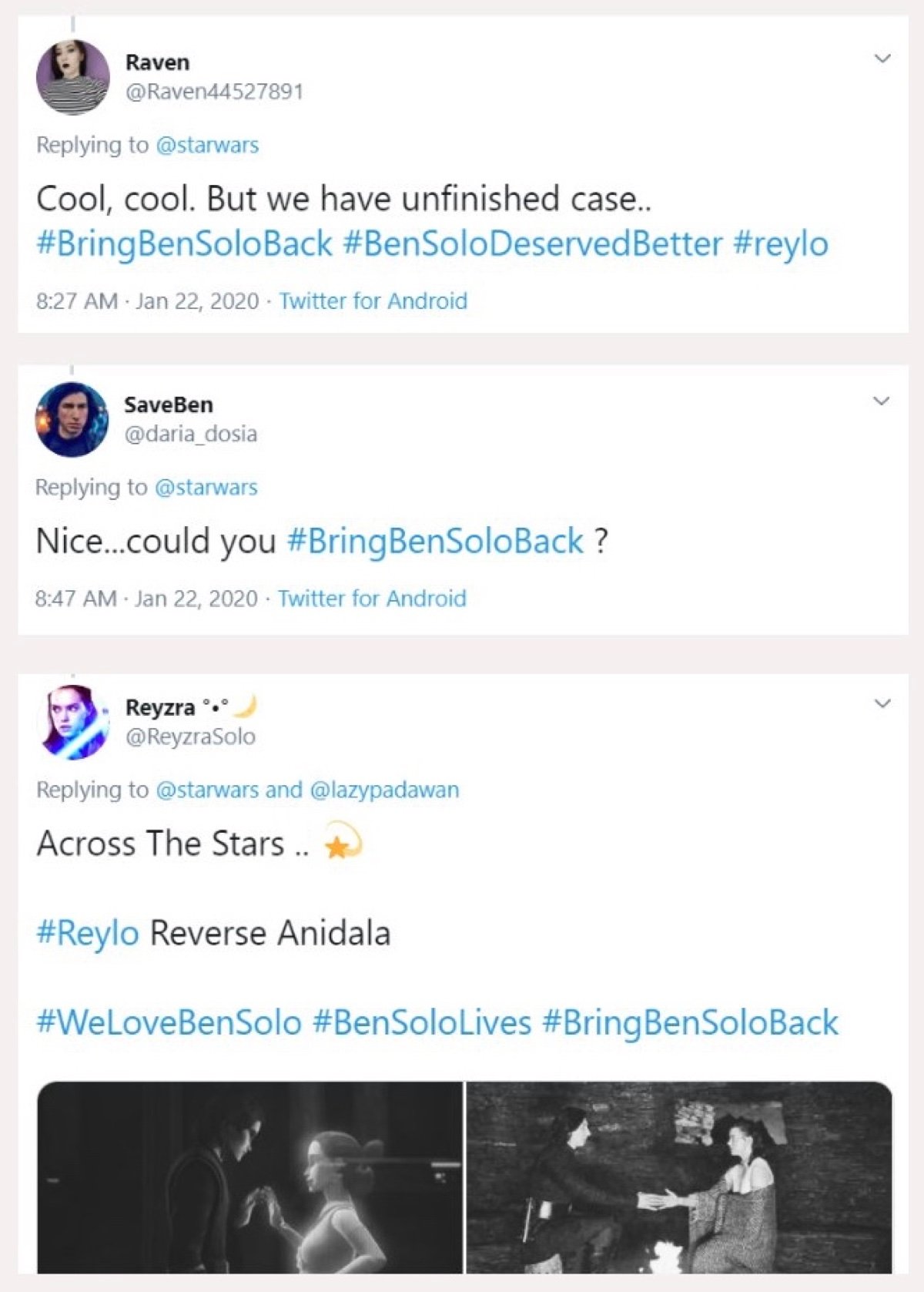 Several Reylos spammed a post from The Clone Wars with Ben Solo hashtags (Twitter - @saltandrockets)