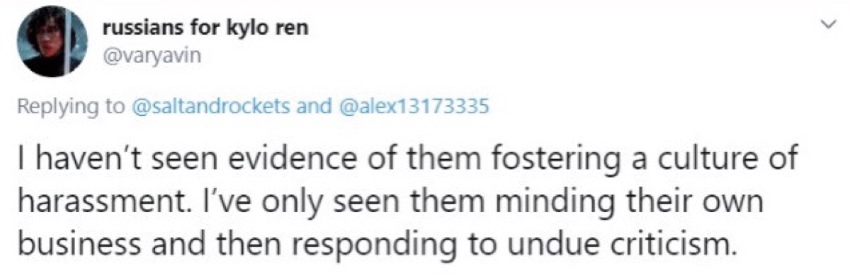 One Reylo claimed they had seen no evidence of a culture of harassment in the tweets sent to Buchman (Twitter - @saltandrockets)