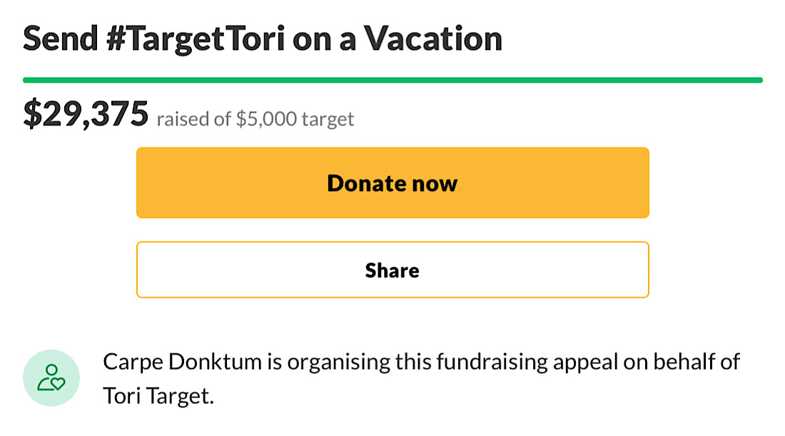 The Send #TargetTori on a Vacation has raised over $29,000 which Tori said she will be giving to a good cause