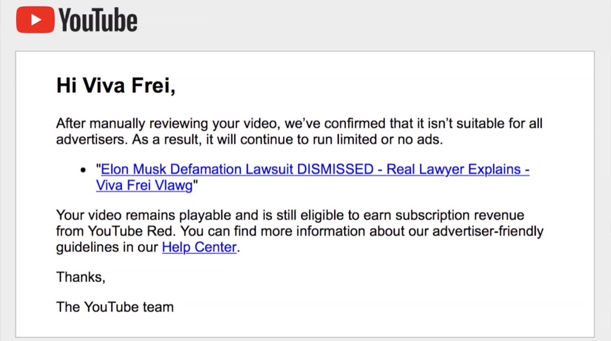 After a manual review, YouTube still decided that Frei’s video would be demonetized (YouTube - Viva Frei)