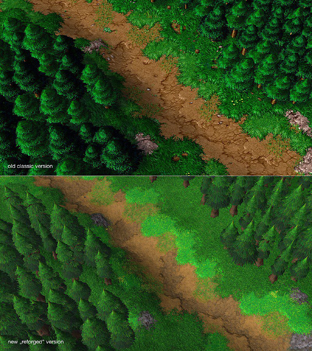 A comparison of Warcraft 3's graphics in a forest from the old classic version and the new reforged version (Twitter - @folyqe)