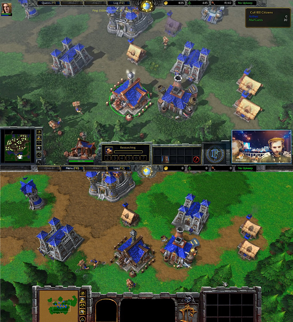 A comparison of Warcraft 3's graphics in a base camp from the old classic version and the new reforged version (Twitter - @folyqe)