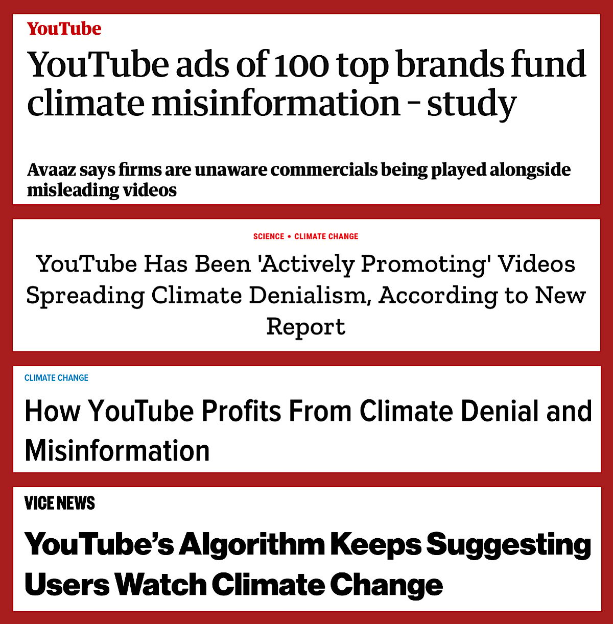 Legacy media outlets claim that this flawed study shows YouTube is recommending, funding, and profiting from climate change misinformation (The Guardian, Time, Gizmodo, Vice)