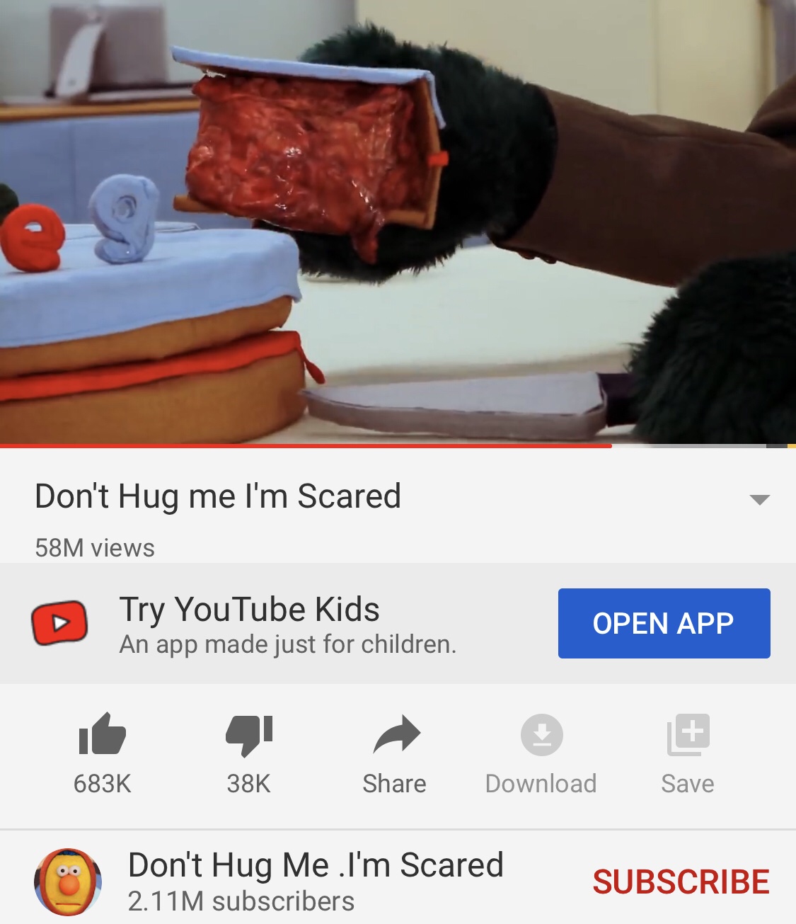 Don’t Hug me I’m Scared is a surreal horror-comedy video which features puppets and gruesome imagery including a cake made from internal organs (YouTube - <a href="https://www.youtube.com/watch?v=9C_HReR_McQ">Don’t Hug me, I’m Scared</a>)