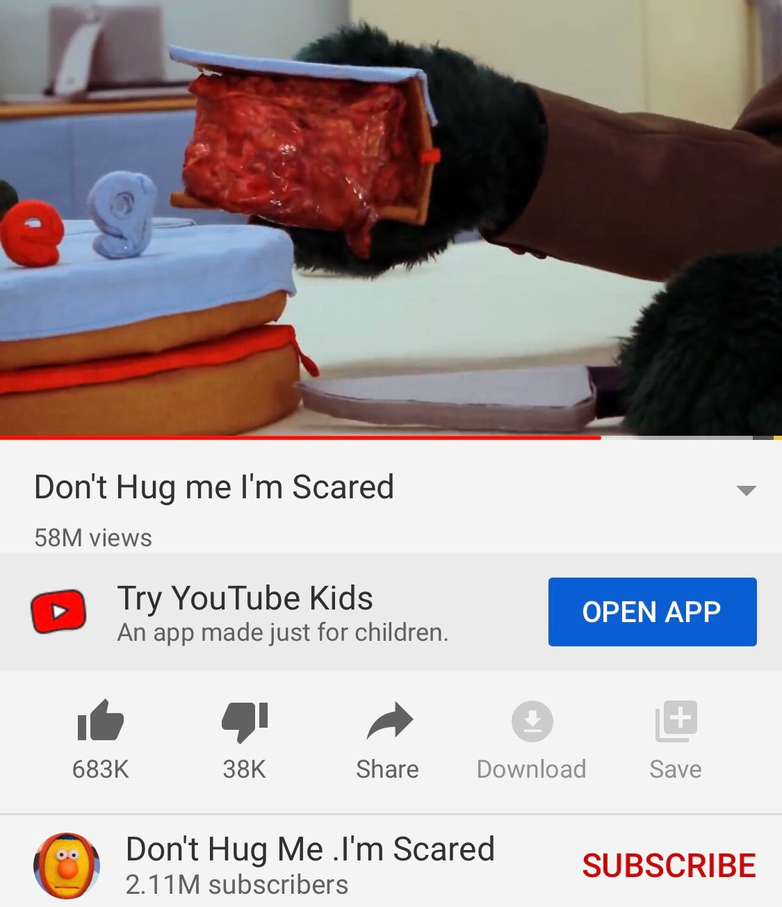 Don’t Hug me I’m Scared is a surreal horror-comedy video which features puppets and gruesome imagery including a cake made from internal organs (YouTube - <a href="https://www.youtube.com/watch?v=9C_HReR_McQ">Don’t Hug me, I’m Scared</a>)