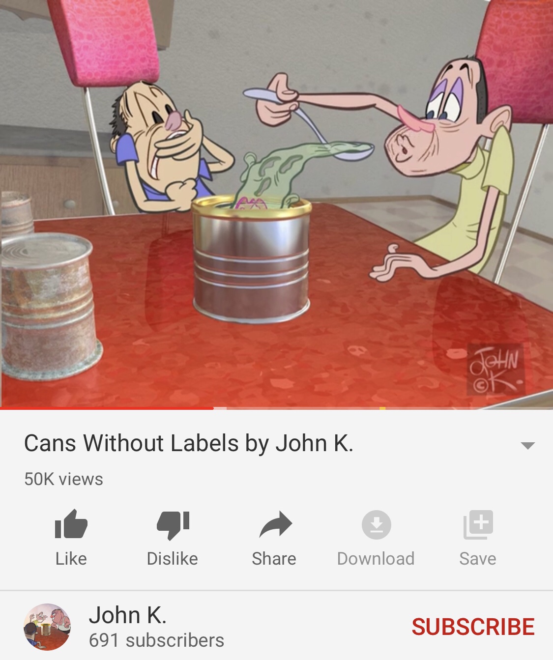 Cans Without Labels by John K. is an animated dark comedy which features characters eating a face and strong language (YouTube - <a href="https://www.youtube.com/watch?v=xSZqX5Io6AY">Cans Without Labels by John K.</a>)
