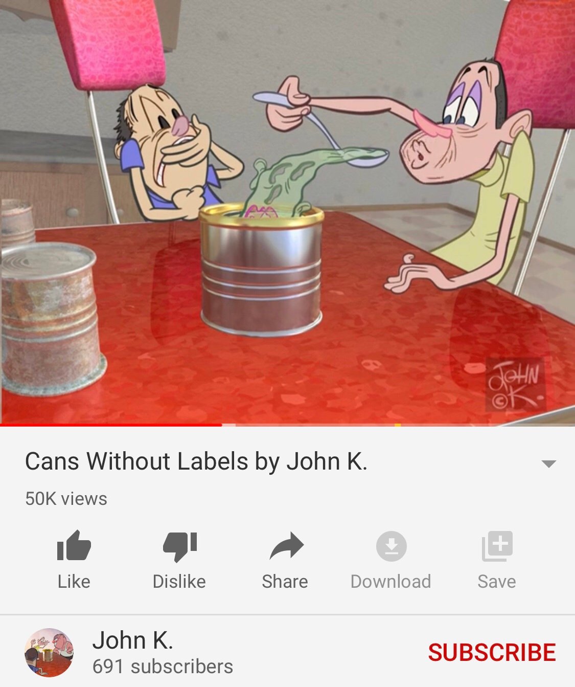 Cans Without Labels by John K. is an animated dark comedy which features characters eating a face and strong language (YouTube - <a href="https://www.youtube.com/watch?v=xSZqX5Io6AY">Cans Without Labels by John K.</a>)