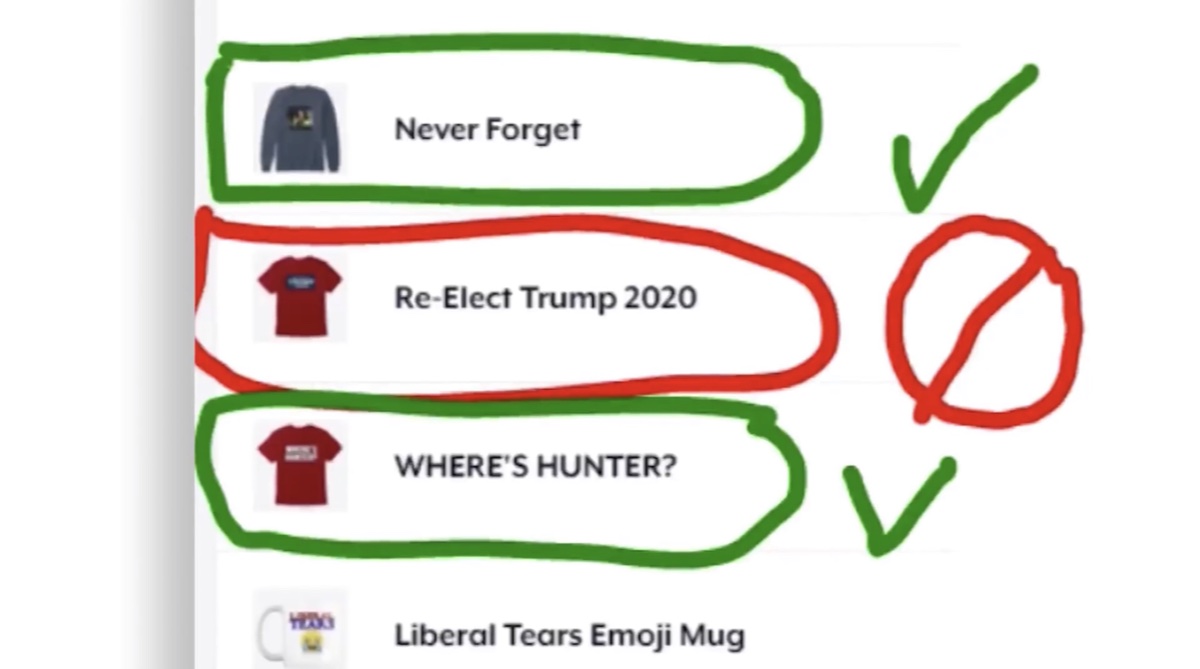 YouTube removed this “Re-Elect Trump 2020” t-shirt from the merch shelf of The Next News Network (YouTube - Mark Dice)