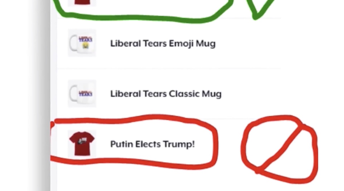 YouTube removed this “Putin Elects Trump!” t-shirt from the merch shelf of The Next News Network (YouTube - Mark Dice)