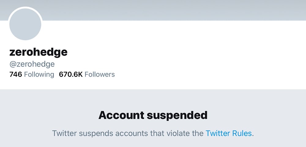 Zero Hedge has suddenly had its Twitter account suspended (Twitter - @ZeroHedge)