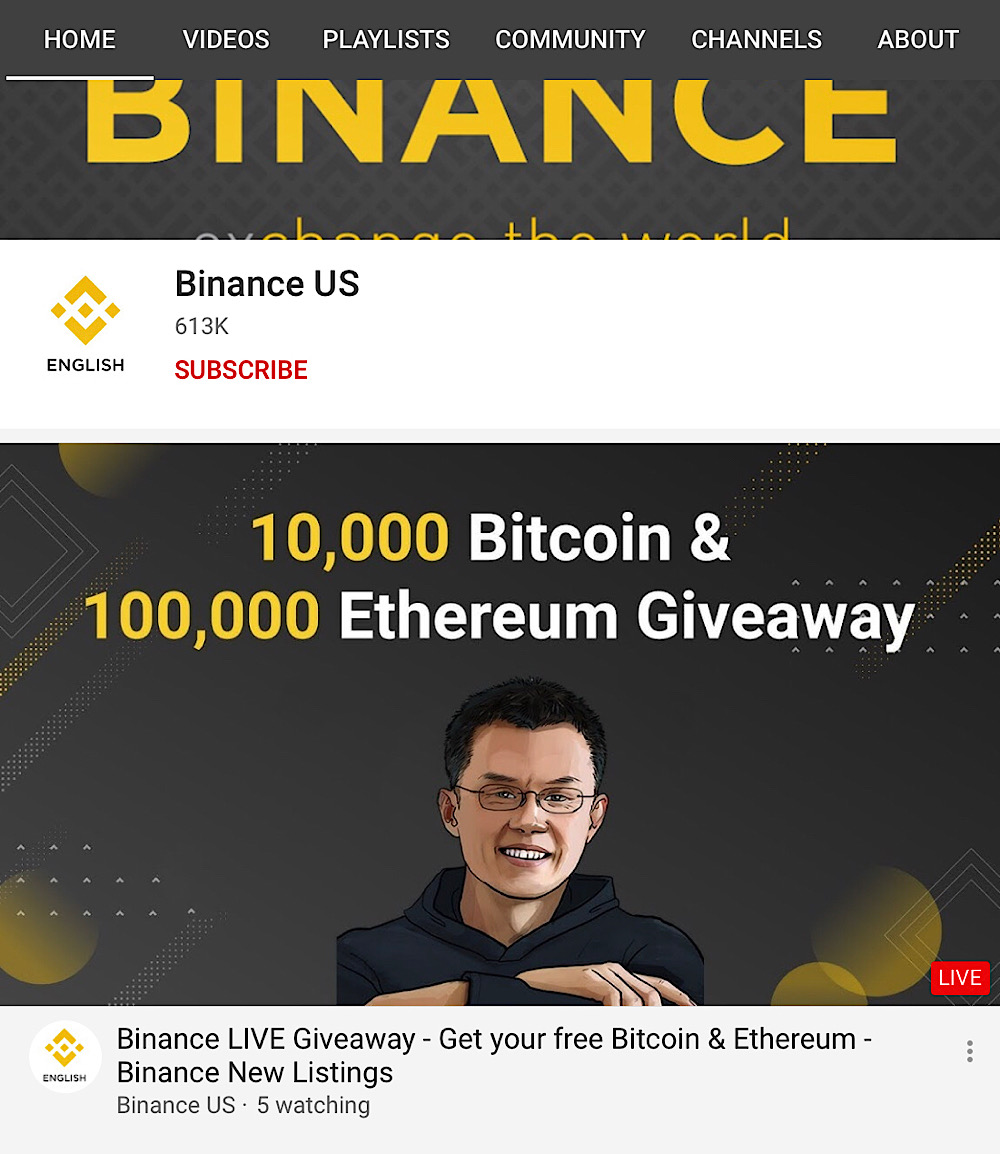 Hackers are using TheAstonishingMinecraft YouTube channel to promote a Binance scam