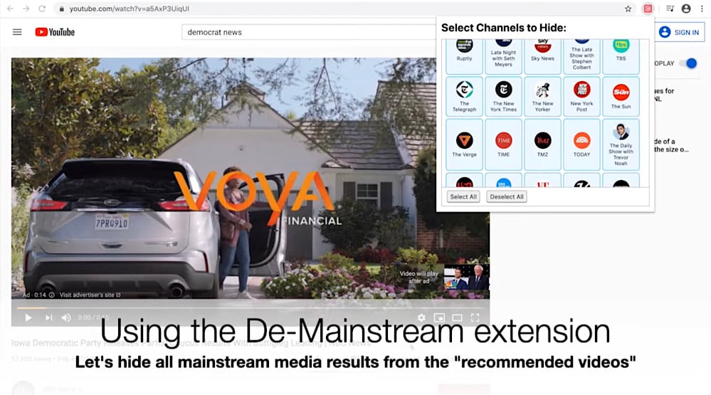 The De-Mainstream browser extension menu can be used to selectively block legacy media outlets from YouTube search results and recommendations (YouTube - <a href="https://youtu.be/k1b9P29MH-w">Mark M</a>)