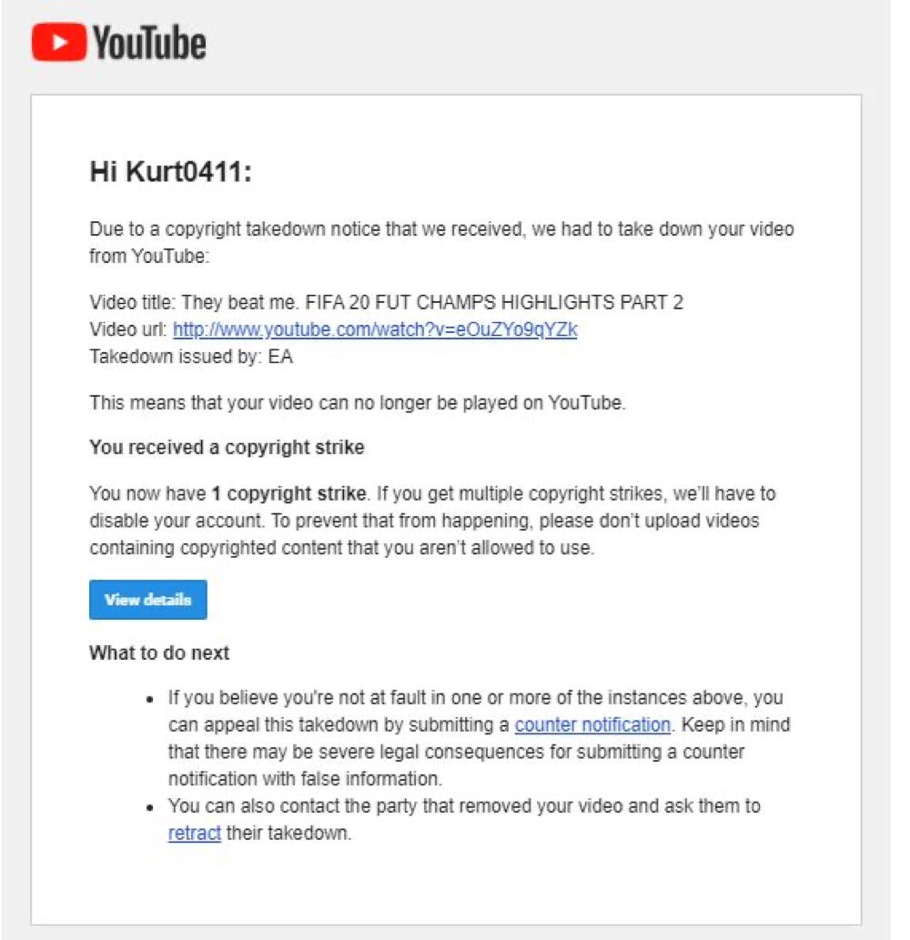 YouTube took down one of Kurt’s FIFA 20 videos after EA filed a copyright takedown notice (Twitter - @Kurt0411Fifa)
