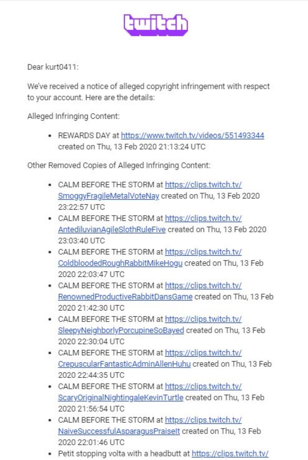 One of Kurt’s FIFA 20 Twitch clips received a copyright complaint (Twitter - @Kurt0411Fifa)