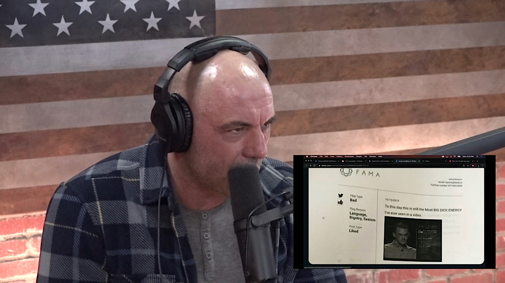 Rogan was shocked by the results of a background check report which flagged a Twitter user’s liked tweets as “good” or “bad”