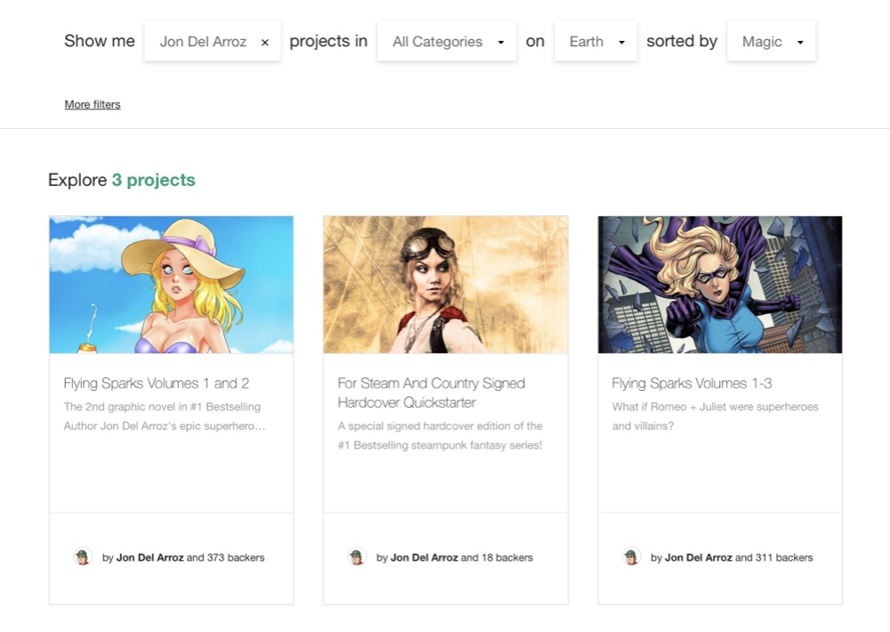 Searching for “Jon Del Arroz” on Kickstarter only shows his old campaigns and omits the current Dynamite Thor